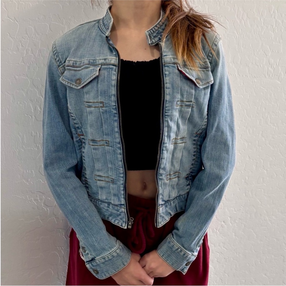 VTG Y2K Preppy Tommy Hilfiger Blue Jean Washed Denim Zip Up Jacket Biker Collar